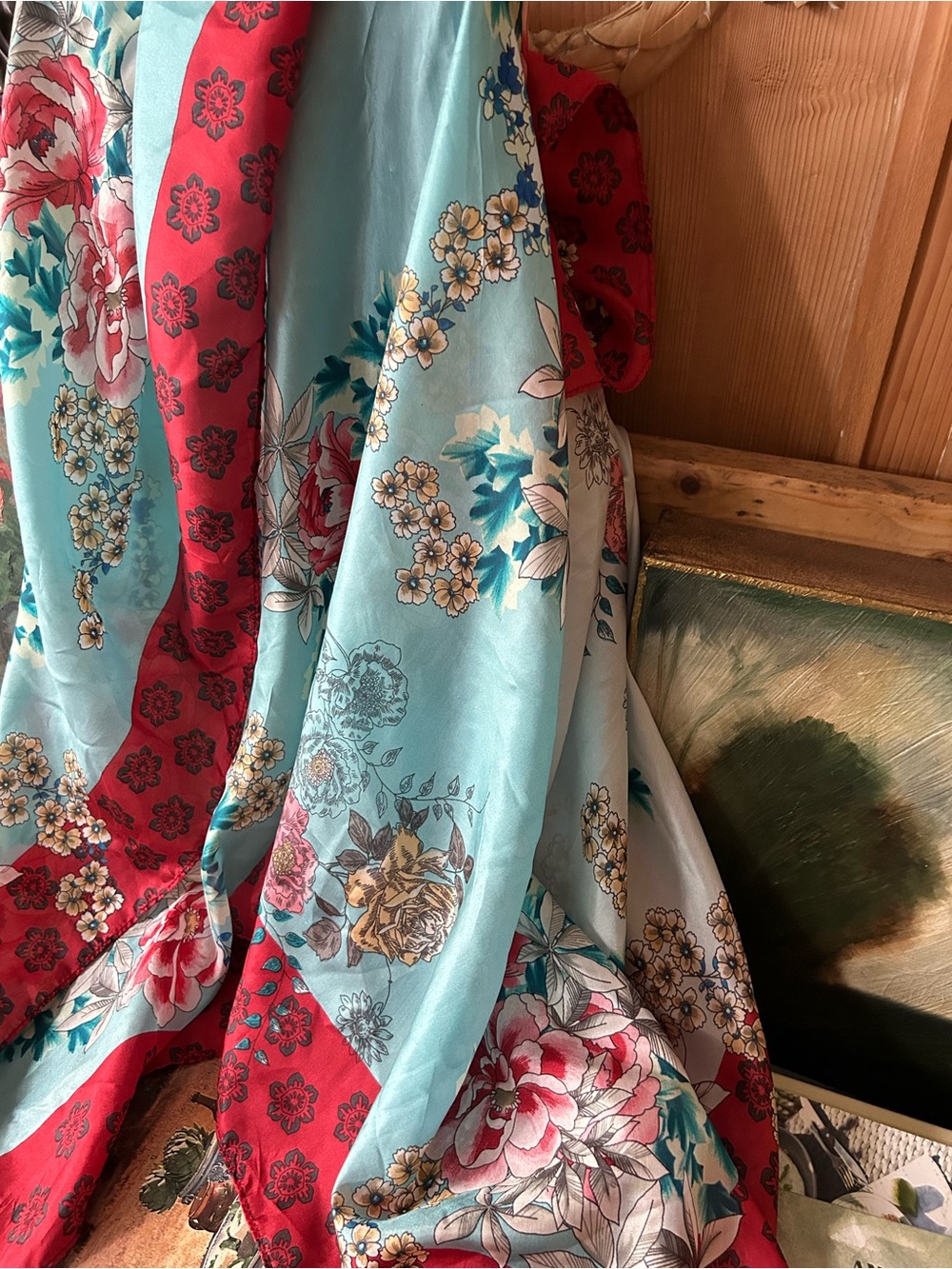 Johnny Was Silk Floral Tassel Border Scarf in Aqua and Red - Picture 4 of 7